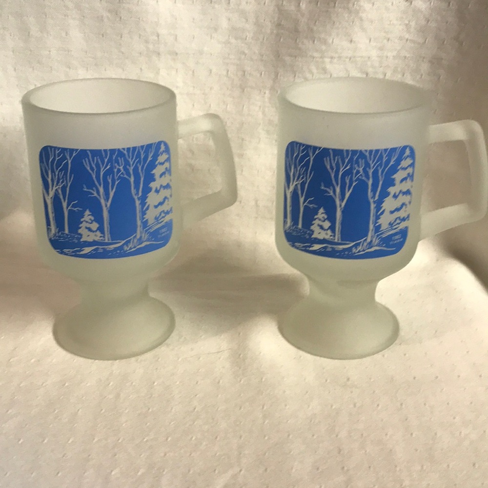 Vintage 1982 Tiara Frosted Glass Pedestal Mugs with Blue Winter Scene -Set of 2